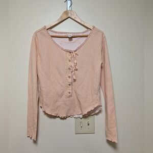 We The Free (Free People) Peach Ribbed Henley Long Sleeve Top – Size L